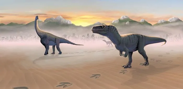 A rendering of dinosaurs walking across a sandy landscape