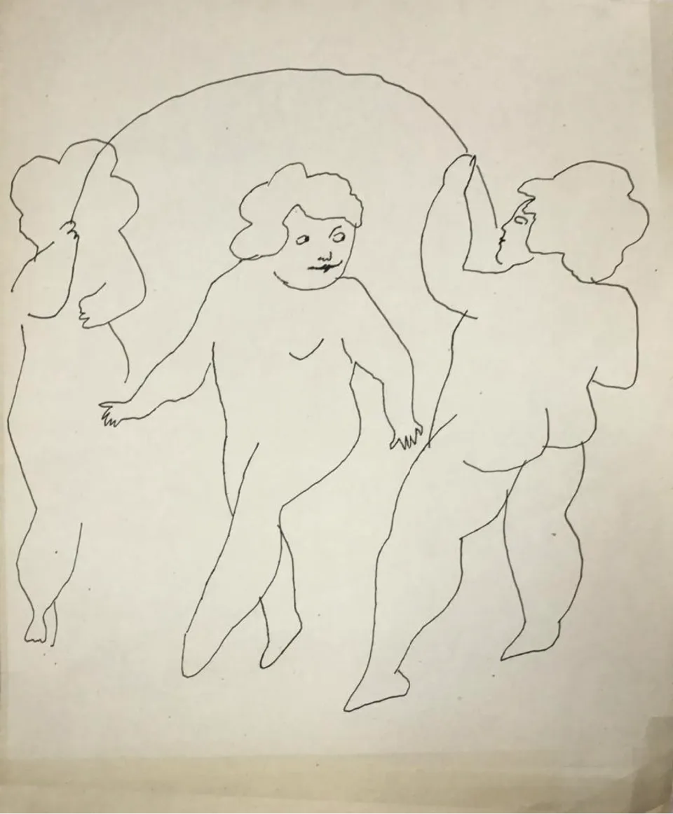 A line drawing on paper depicting three naked women playing jump rope, with two on either side holding the rope and the central figure mid-jump