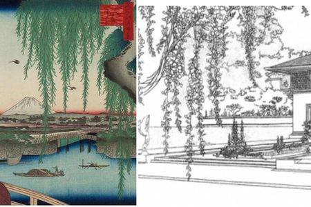 In his 1910 rendering of the Winslow House, Wright seems to mimic Ando Hiroshige’s use of vegetation as a frame.