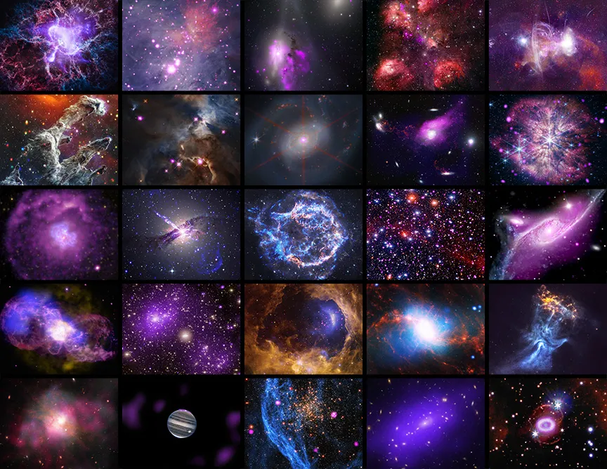 a grid of images of space taken with the Chandra X-Ray Observatory