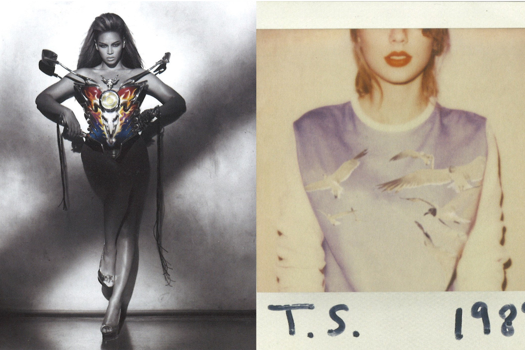 On the left, Beyonce posing for the camera. On the right, Taylor Swift's album cover for 1989