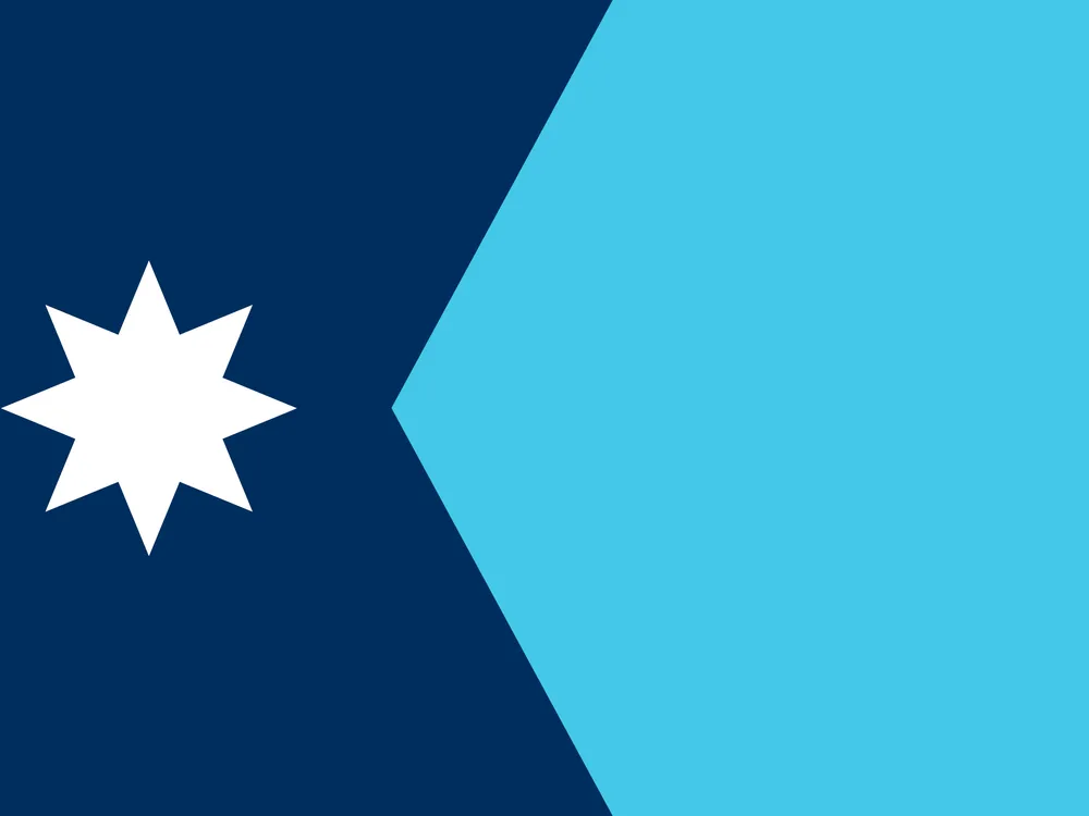 Navy blue and light blue flag with a white star