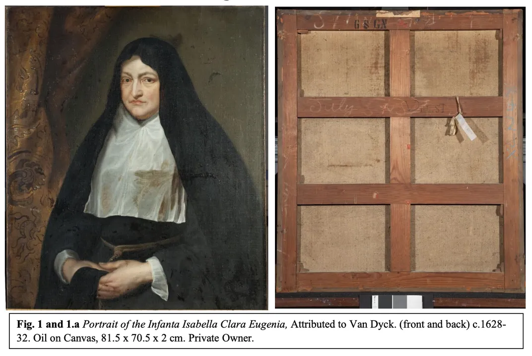 An image of a pale elderly woman in a nun's habit and, on the right, an image of the reverse of the canvas