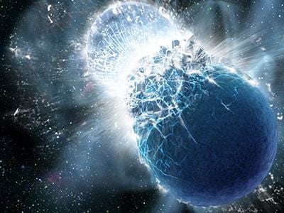 Two neutron stars violently collide—potentially the sourse of all heavy elements in the universe, including gold.
