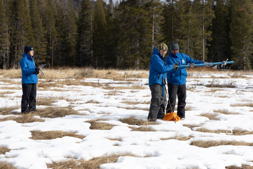 Researchers in blue coats standing on somewhat snowy ground