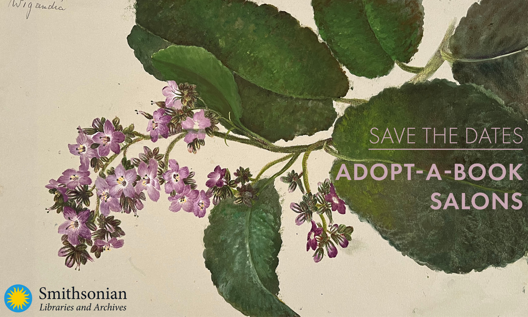 Graphic for Adopt-a-Book Salons featuring botanical illustration.