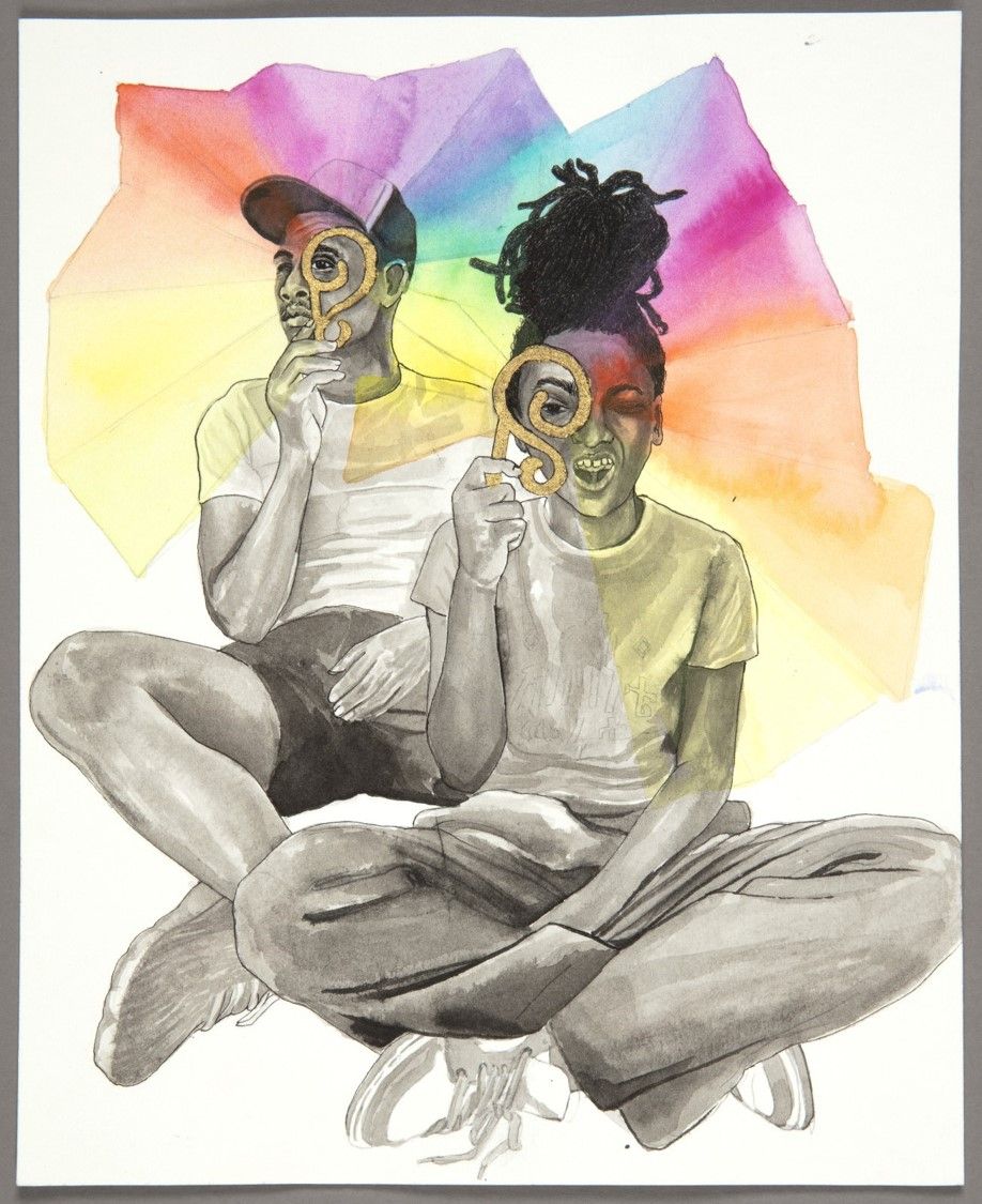 An artwork featuring two children in grayscale, one boy and one girl, seated on the ground with their legs crossed, holding an object similar to opera glasses to their eyes with a colorful rainbow background behind them