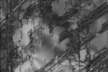 Electron microscope image of a deformed diamond matrix inside a meteorite known as Almahata Sitta MS-170.