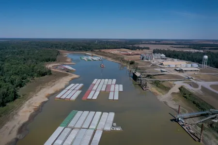 Barges stranded by low water in the Mississippi River in Rosedale, Mississippi, a small town near where the lion fossil was found