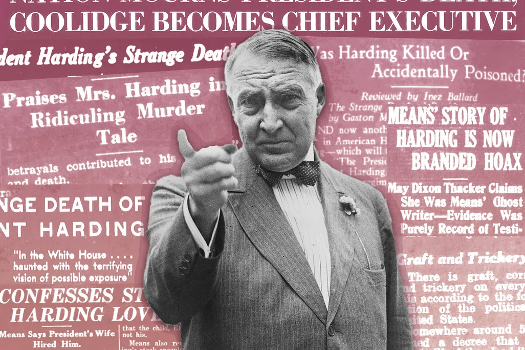 Illustration of Warren G. Harding pointing his finger, in front of newspaper headlines about his death