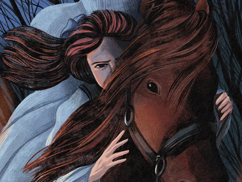 an illustration of Sybil Ludington on horseback.