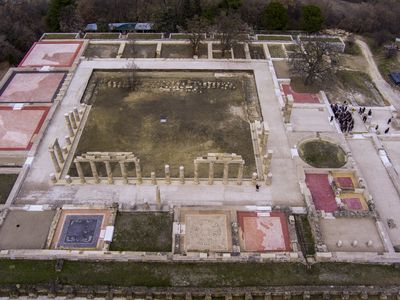 An aerial view of the&nbsp;Palace of&nbsp;Aigai following 16&nbsp;years of restoration