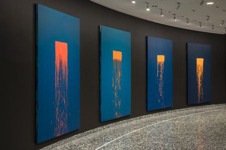 In the installation Color Wheel, the color of the gestures on each canvas are complementary to the background color.