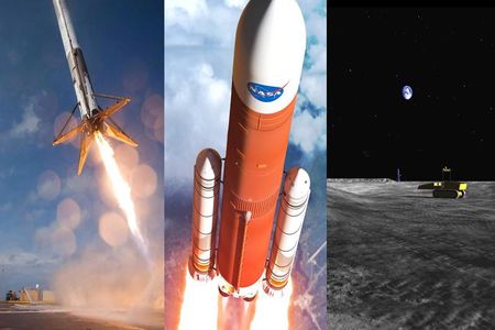 Three ways to lower the costs of human spaceflight: reusable launch vehicles (left), heavy lift rockets (middle), mining the Moon for propellant (right). All three have advantages and disadvantages. 
