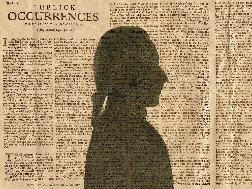 A silhouette of a man in front of a copy of Publick Occurrences