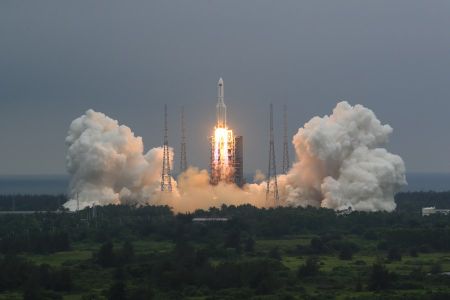 A Long March rocket carrying the Tianhe module blasts off from the Wenchang Spacecraft Launch Site in south China's Hainan Province on April 29.