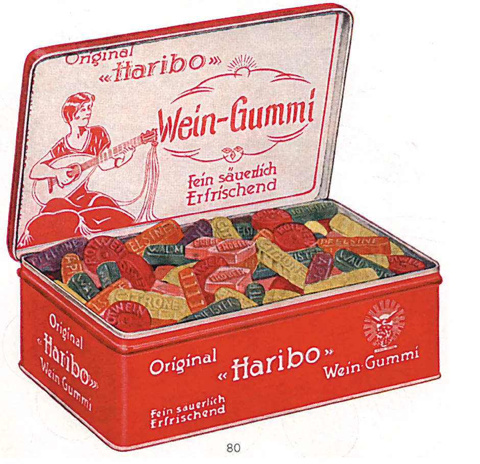 1930s advertisement for Haribo wine gummies