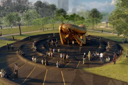 A rendering of by Hank Willis Thomas' The Embrace, a public memorial set to be unveiled in the Boston Commons in October 2022