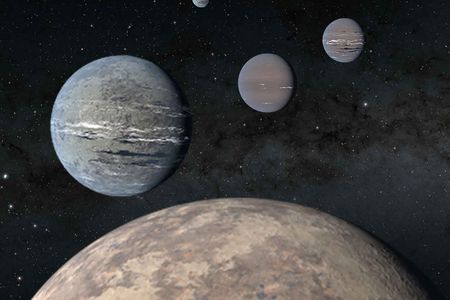 An artist's rendering of the five-planet system that orbits star HD 108236, or TOI-1233. In the foreground is a hot, rocky planet that resembles Earth.