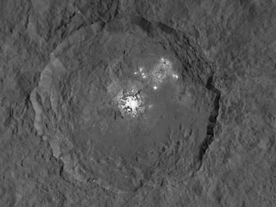 Surprising bright spots lurking in Ceres’ Occator crater, as spotted by the Dawn spacecraft
