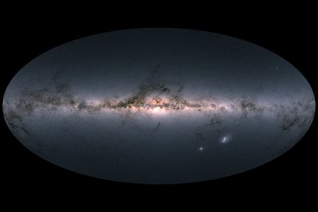 Gaia's all-sky view of our Milky Way Galaxy and neighboring galaxies, based on measurements of nearly 1.7 billion stars.