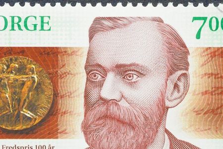 A postage stamp printed in Norway showing an image of Alfred Nobel, circa 2001.