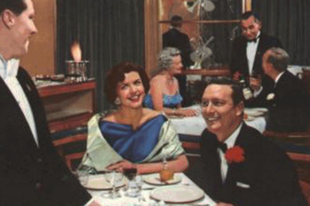 Dining aboard the RMS Caronia, from a 1950s World Cruise brochure.