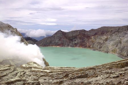 The sulfuric lake of Kawah Ijen Mountain's cauldron, Indonesia