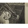 Postcard showing a woman sitting on the observing chair in front of a large refracting telescope. A man stands to her right leaning forward on a ladder.