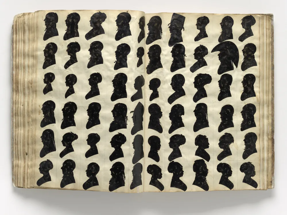 Page spread from William Bache’s Silhouettes Album, black paper-coated silhouettes mounted on paper
