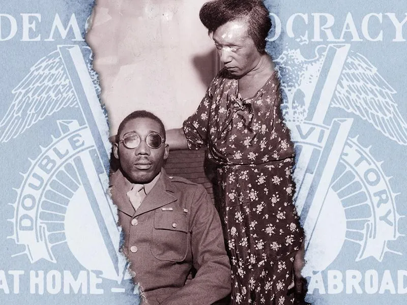 Illustration of Isaac Woodard and his mother next to the Pittsburgh Courier's "Double V" campaign poster