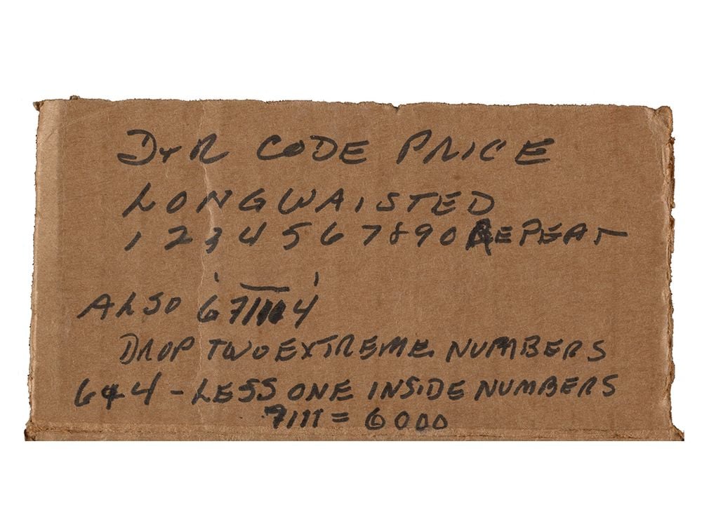 Detail of cardboard box with price code key for Winslow Homer paintings, between 1900 and 1950. Doll & Richards records, Archives of American Art, Smithsonian Institution.