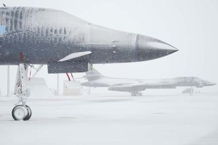 The first big snowfall of the winter season collects on B-1B Lancers at the Ellsworth Air Force Base, S.D., flightline Oct. 29, 2009. The B-1 serves as the supersonic component of the Air Force's long-range bomber force, along with the subsonic B-52 Stratofortress and B-2 Spirit. (U.S. Air Force photo/Airman 1st Class Corey Hook)