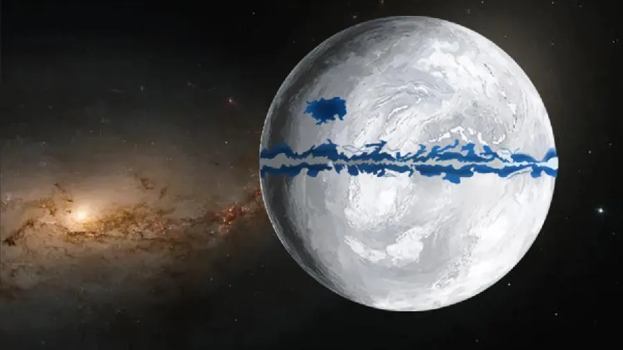 ice-covered earth with a belt of water and one liquid patch more to the north
