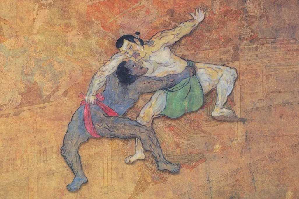 Illustration of a dark-skinned sumo wrestler, drawn in 1605