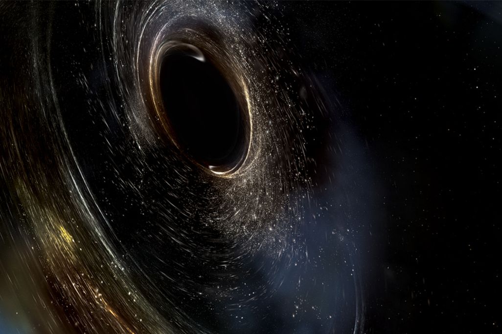 Artist’s conception of two merging black holes, spinning in a nonaligned fashion.