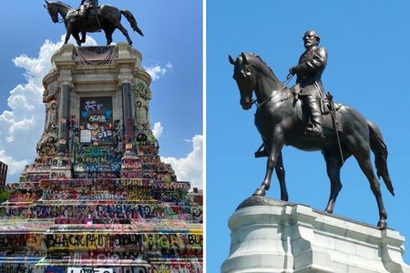 This summer, activists in Richmond transformed a monument to Robert E. Lee (right) into a work of protest art (left).