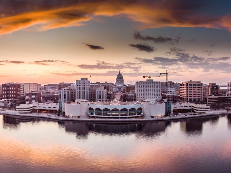 Sunset in Madison WI with Monona Terrace and State Capital