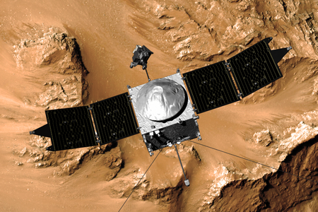 An artist's conception of MAVEN in orbit around Mars