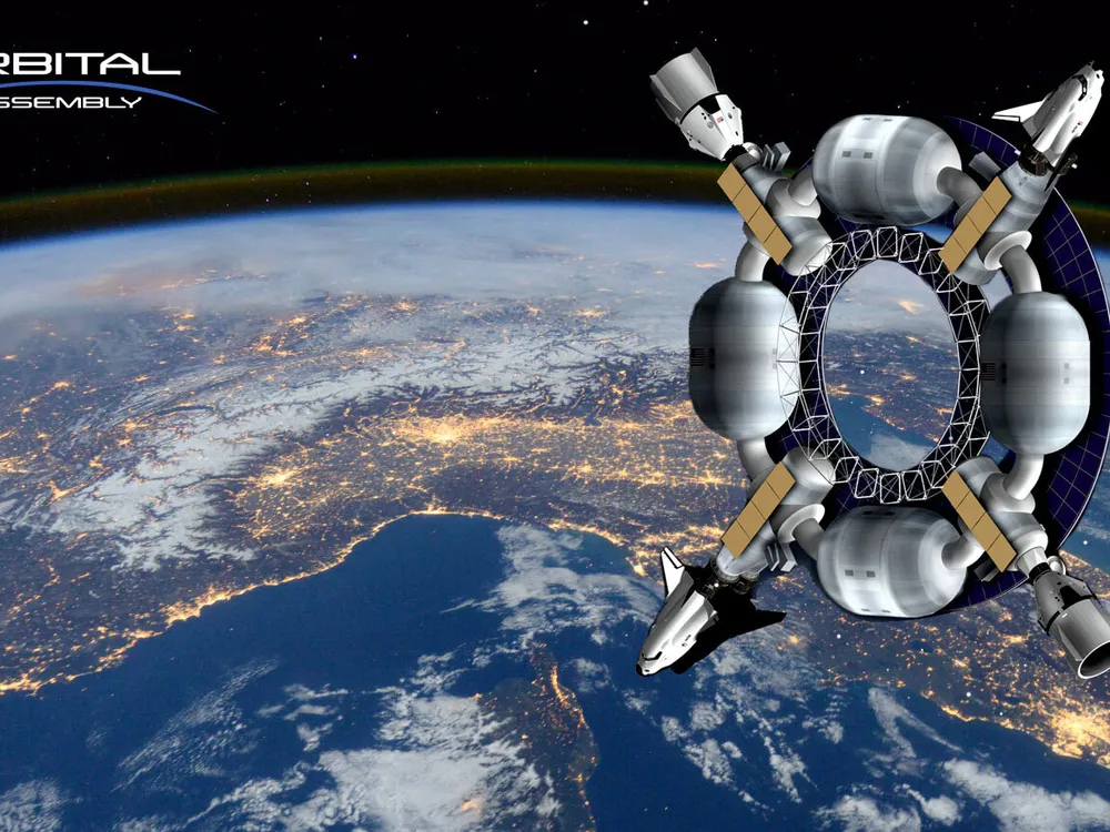 A rendering of the Pioneer Space Station in orbit over Earth. The station is circular like a wheel.