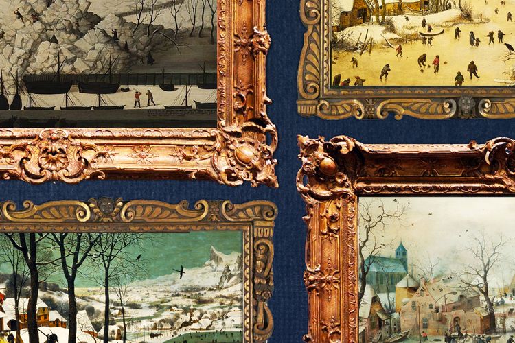 Illustration of four paintings depicting Dutch winters
