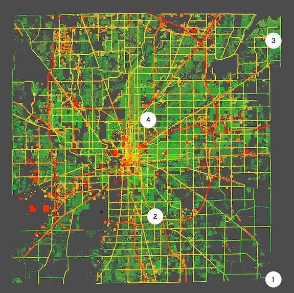 A map of Indianapolis’ greenhouse gas emissions, as collected from a variety of sources.