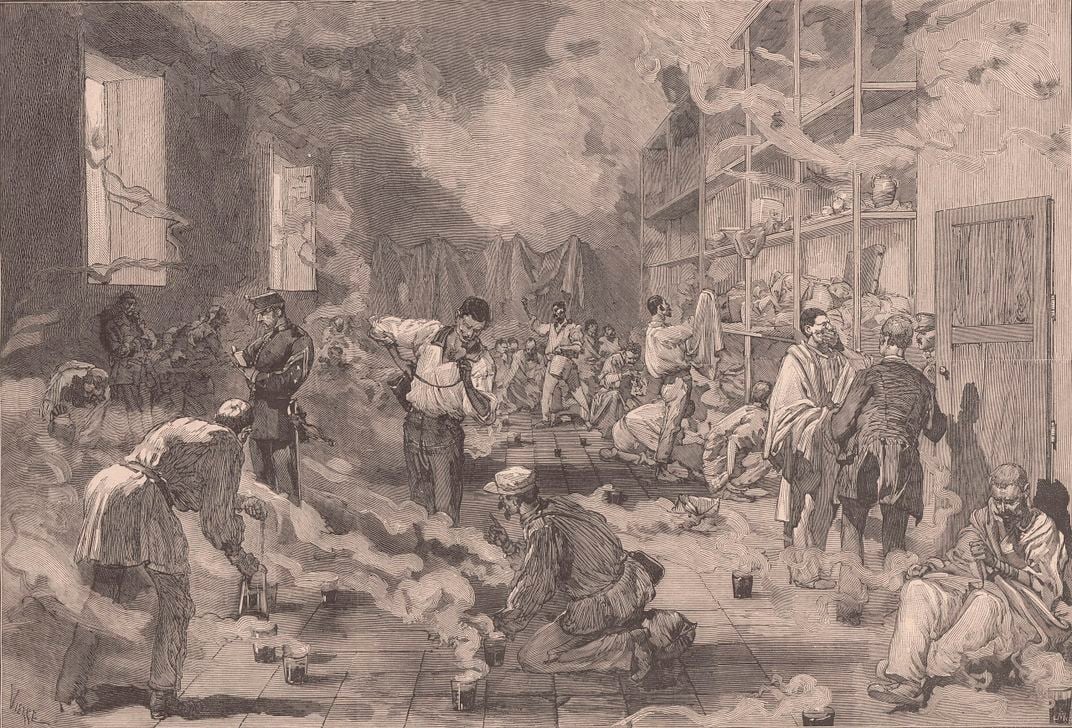 1878 illustration of Spanish soldiers returning from Cuba being fumigated to protect against yellow fever