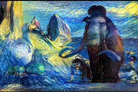 A scene from "Ice Age" rendered through ta computer algorithm to look like an animated painting.
