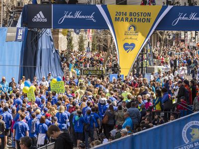 Supporters gather at the finish line of the Boston Marathon yesterday to commemorate the victims of last year's bombings. 