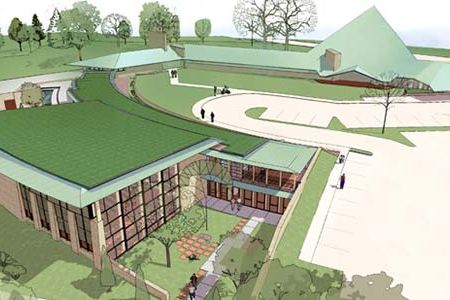 Architect rendition of the green addition to Frank Lloyd Wright's First Unitarian Society Meeting House.