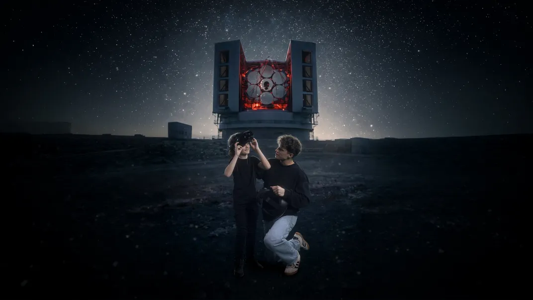 a child and adult wearing VR headsets in front of an image of a telescope and night sky