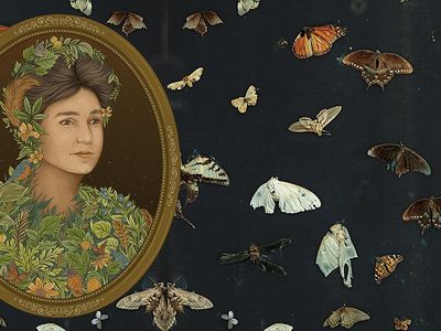 social media - portrait of Gene Stratton-Porter on backdrop of butterfly and moth wings