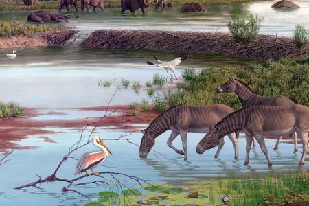 The title page painting in Jay Matternes: Paleoartist and Wildlife Painter features a dynamic scene from the Pliocene.