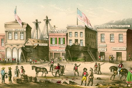 Chinese immigrants and gold miners mingle on a main street in San Francisco in 1849.